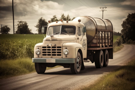 Vintage Milk Truck Driving On Rural Road. World Milk Dayの素材