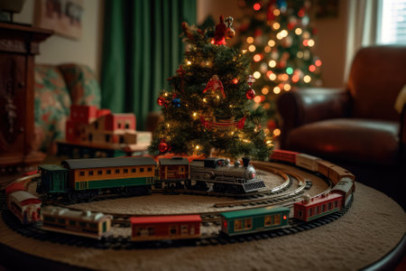 Vintage Toy Train Set Circling Christmas Treeの素材