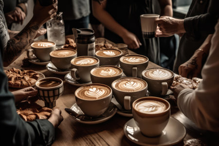 Lots Of Cups Of Coffee Lattes And Group Of People Aroundの素材