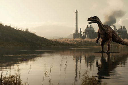 Baryonyx Fishing Dinosaur In Lake Near Power Plantの素材