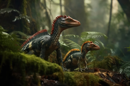 Dilophosaurus Mother And Baby In Rainforestの素材
