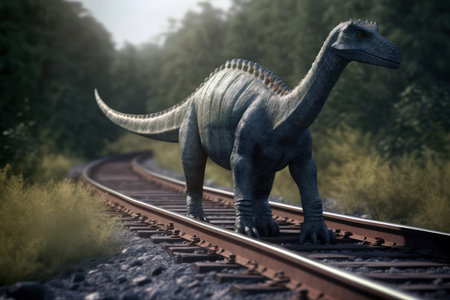 Diplodocus Dinosaur Crossing Railroad Trackの素材