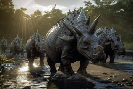 Dinosaurs Triceratops Crossing River In Herdの素材