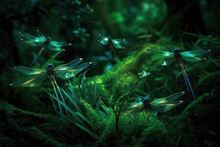 Glowing Dragonflies In Green Forestの素材