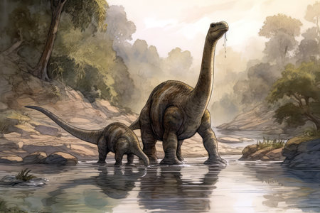 Dinosaurs Brontosaurus Mother And Baby In Riverの素材
