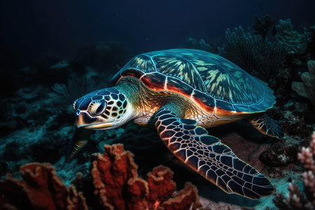 Luminescent Sea Turtle Swimming Through Coralの素材