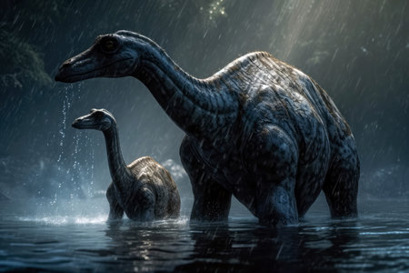 Diplodocus Mother And Baby Wading Through Waterの素材