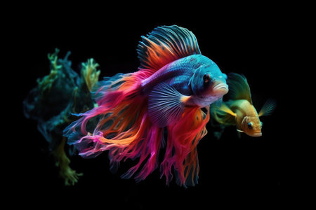 Neoncolored Fish Swimming In Black Abyssの素材