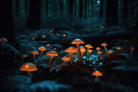 Glowing Mushrooms Growing In Forest At Nightの素材