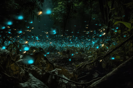 Bioluminescent Insects Swarming Around Lightの素材