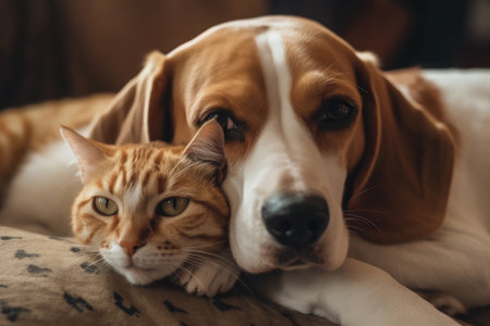 Beagle Dog And Bengal Cat Sleep In Each Other Armsの素材