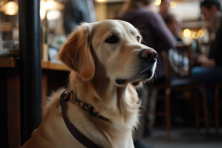 Golden Retriever Guide Dog Sitting Attentively Beside Its Owner In Cafの素材