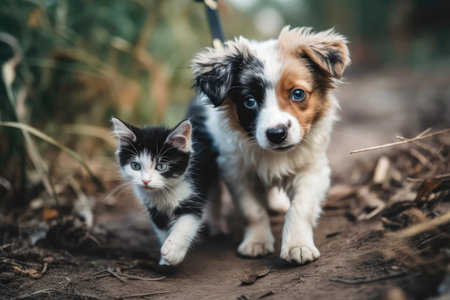 Black And White Kitten Walks With Tan Puppyの素材
