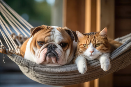 Bulldog And Scottish Fold Cat Relax In Hammockの素材