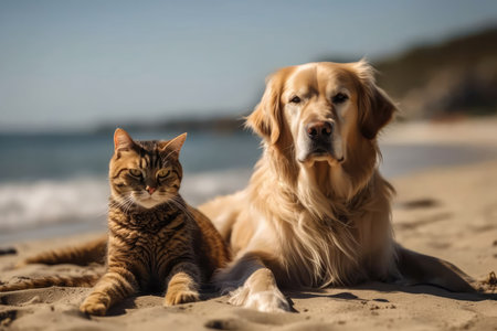 Golden Retriever Dog And Tabby Cat Lounge On Sunny Beachの素材