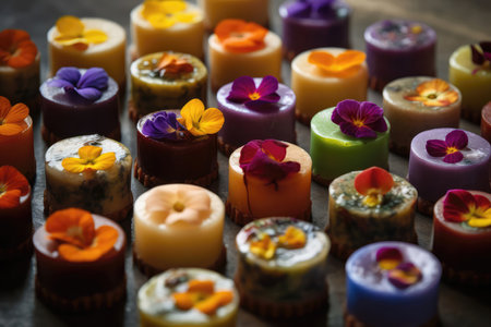 Colorful Array Of Petit Fours With Edible Flowers Haute Cuisineの素材