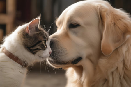 Fluffy Persian Cat Rubbing Noses With Playful Labrador Dogの素材