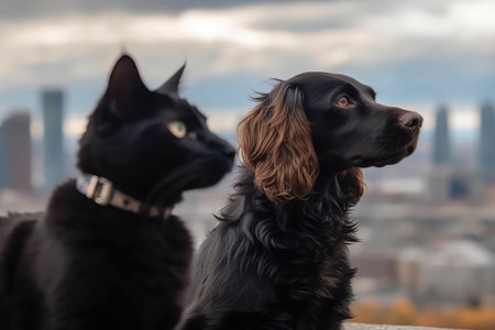 Cocker Spaniel Dog And Bombay Cat Admire City Skylineの素材