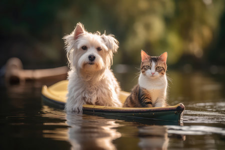 Jack Russell Terrier Dog And Persian Cat Paddle In Serene Lakeの素材