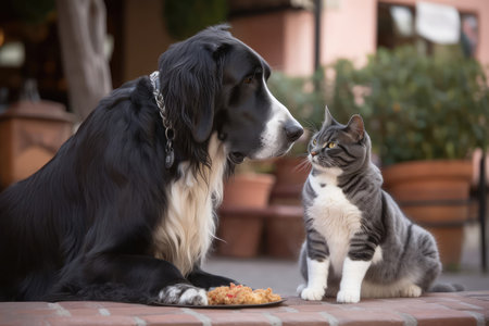 Great Dane Dog And Longhaired Black And White Cat Sharing Treatの素材
