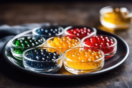 Plate Of Colorful Molecular Gastronomy Spheres With Caviar Micromolecular Cookingの素材