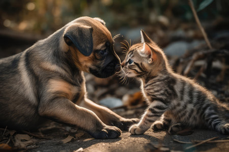 Striped Kitten And Brindle Puppy Playの素材