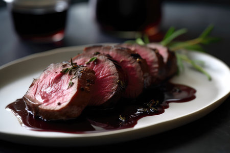 Plate Of Perfectly Cooked Sousvide Beef Tenderloin With Red Wine Sauce Micromolecular Cookingの素材
