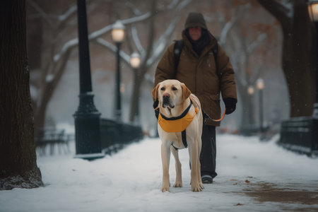 Guide Dog And Its Handler Walking Confidently Through Snowy Parkの素材