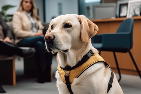 Guide Dog Sitting Patiently Beside Its Handler In Doctors Waiting Roomの素材