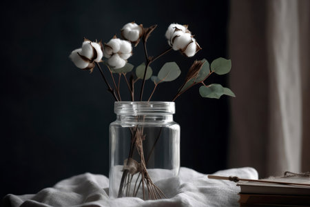 Cotton Bouquet In Glass Jar, In The Style Of Simple And Elegant Home Decorの素材