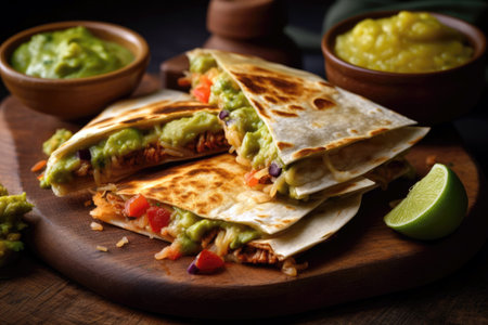 Cheesy Quesadilla With Guacamole And Salsaの素材