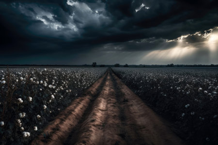 Cotton Field With Stormy Sky, In The Style Of Dramatic Landscapes And Moody Atmosphereの素材