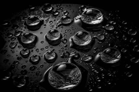 Closeup Image Of Water Drops On Black Surface, In The Style Of Monochrome Photographyの素材