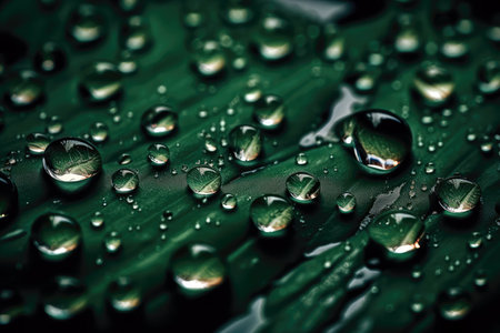 Macro Photo Of Water Drops On Green Surface, In The Style Of Natural Photography, Organic Shapes, And Detailed Texturesの素材