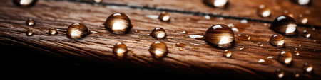 Macro Photo Of Water Drops On Wooden Surface, In The Style Of Rustic Photography, Natural Textures, And Warm Tonesの素材