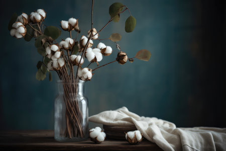 Group Of Cotton Sprigs In Vase, In The Style Of Rustic Decor And Country Livingの素材