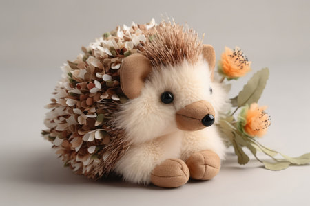Plush Hedgehog Toy With Flower On White Background, In The Style Of Nature And Woodland Themesの素材