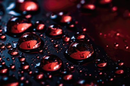 Macro Photo Of Water Drops On Red Surface, In The Style Of Abstract Art, Bold Shapes, And Deep Colorsの素材
