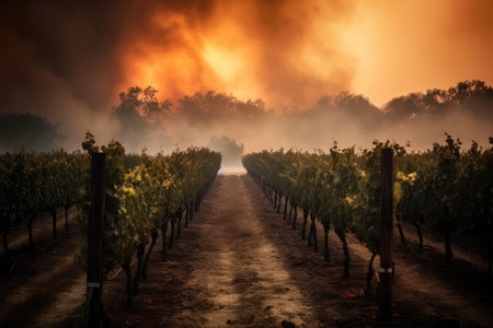 Vineyard With Smoke And Flames In The Backgroundの素材