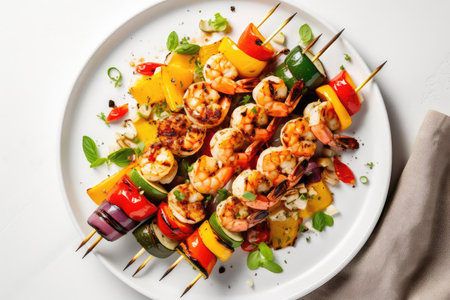 Grilled Shrimp And Vegetable Skewers On White Background, In White Plate, View From Above, Shot Overheadの素材