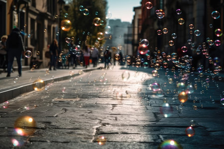 Bubbles Floating In City Streetの素材
