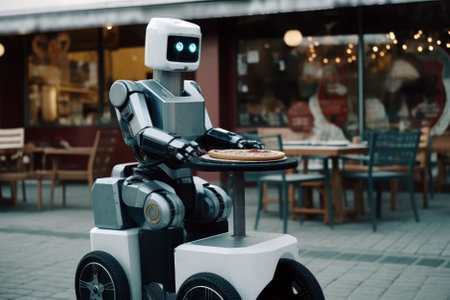 Robot Delivering Pizza To Grateful Customerの素材