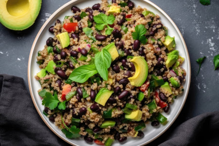 Vegan Quinoa And Black Bean Salad On White Background, In White Plate, View From Above, Shot Overhead. Lactose Free Food.の素材