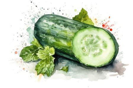 Beautiful Watercolor Drawing Cucumber On A White Background, Minimalist Styleの素材