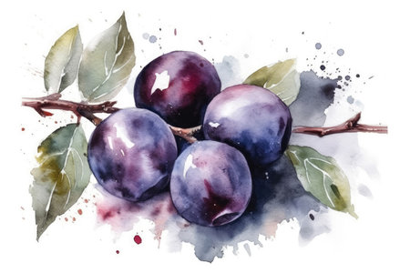 Beautiful Watercolor Drawing Damson On A White Background, Minimalist Styleの素材