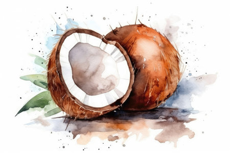 Beautiful Watercolor Drawing Coconut On A White Background, Minimalist Styleの素材