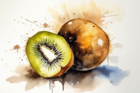 Beautiful Watercolor Drawing Golden Kiwi On A White Background, Minimalist Styleの素材