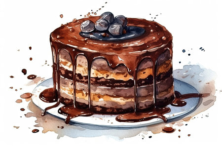 Watercolor Drawing Chocolate Cake On White Backgroundの素材