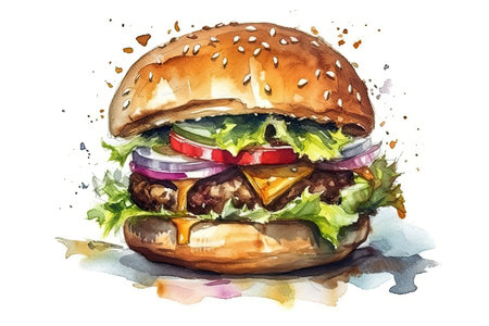 Watercolor Drawing Hamburger On White Backgroundの素材