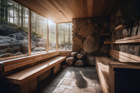 Sauna Room With Wooden Benches And Rocksの素材
